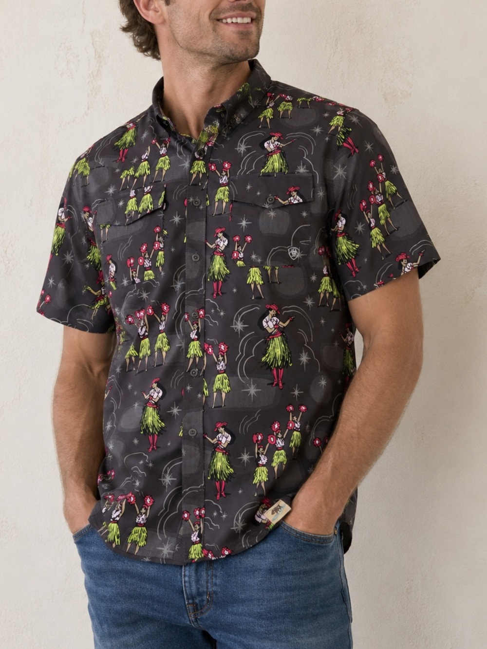 Ariat Western Aloha Shirt Men’s XL Fitted Hula Girl Graphic Short Sleeve